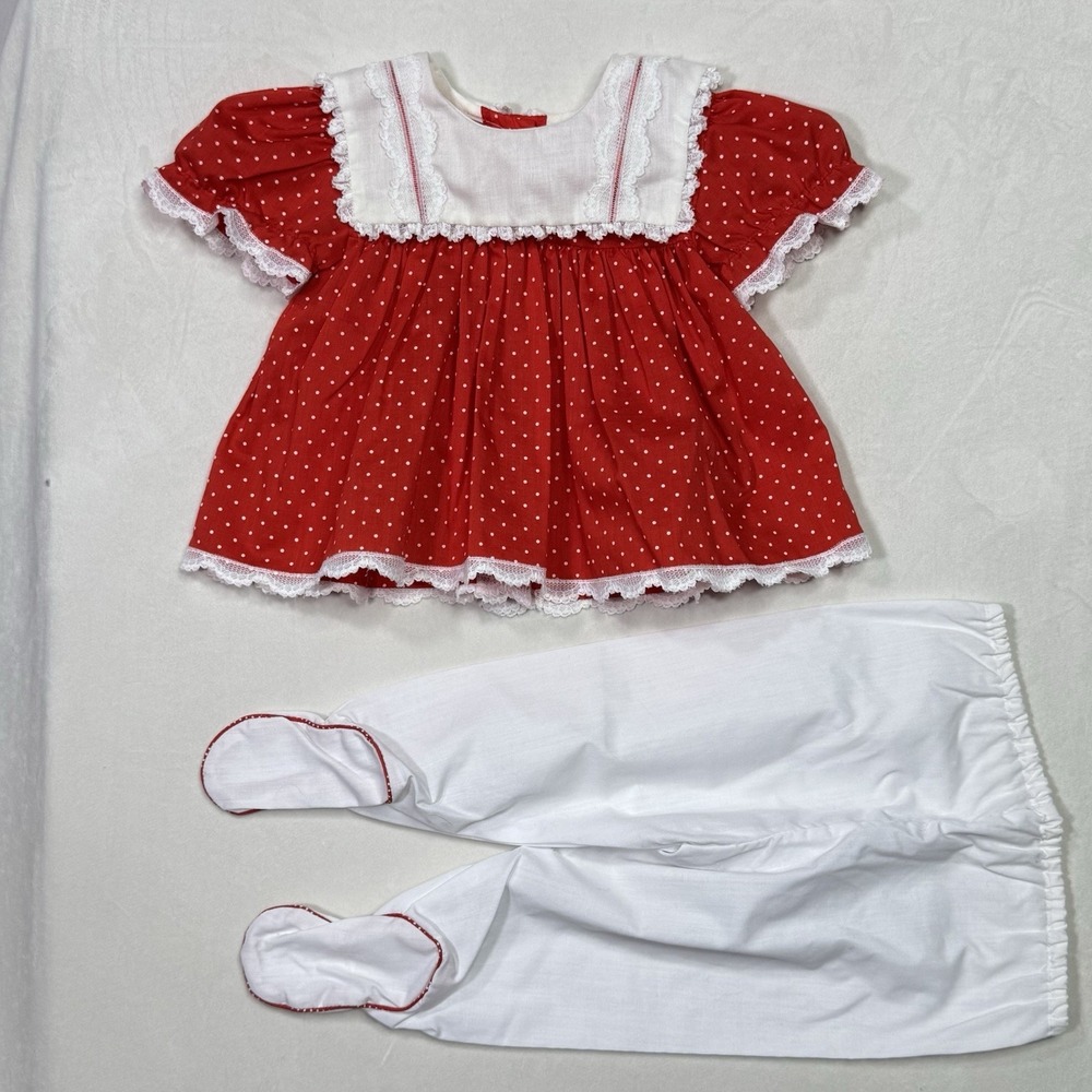 Vintage Baby Girl Red Polka Dot Dress & Footed Bloomers Set Lace Trim 0-3 Months